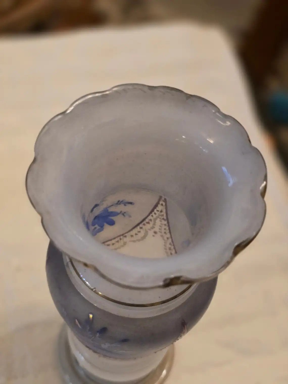 Antique Blue Floral OPALINE Decorated Bristol Vase 8 in Gold Trim - Bayshore Treasures