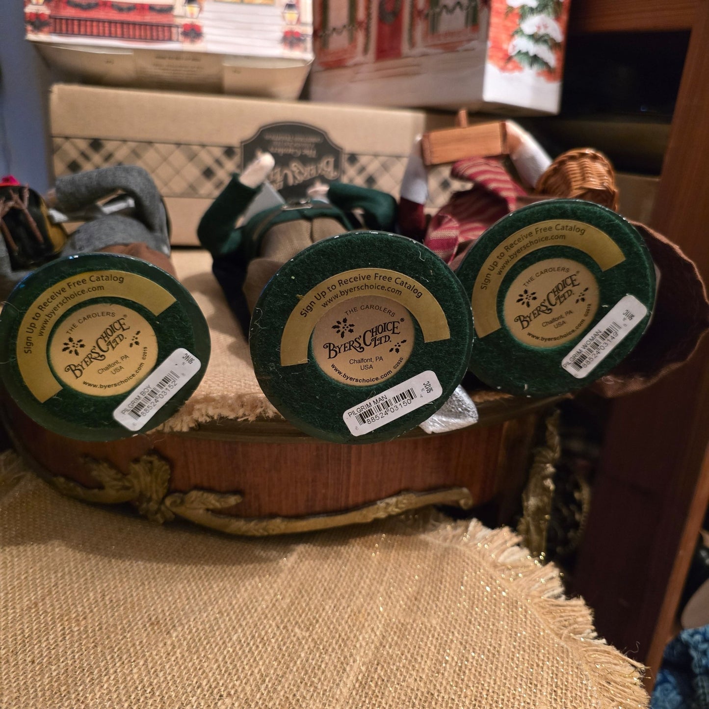 Byers' Choice Pilgrim Family Trio – Man, Woman & Boy w/ Turkey – Thanksgiving Set - Bayshore Treasures