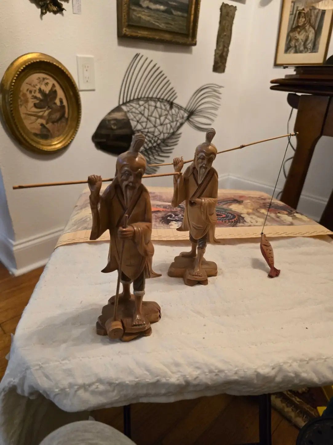 Carved Wood Vintage Asian Fisherman Statues Art Figurines Fishing Rods and Fish - Bayshore Treasures