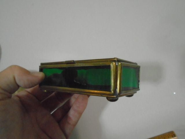 Vintage Brass & Green Stained Glass Trinket Box Footed Beveled Jewelry Box - Bayshore Treasures