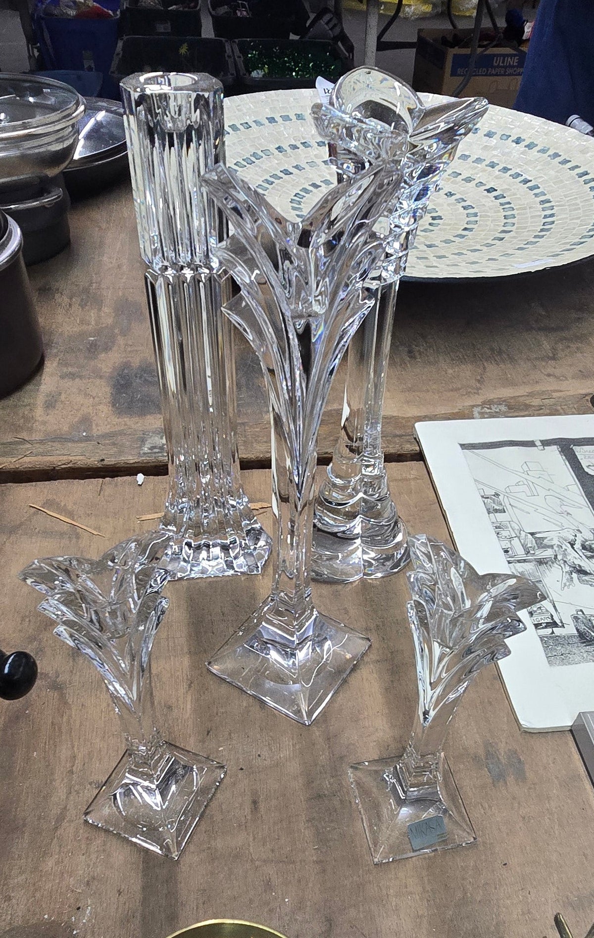 Vintage Mikasa Germany Lead Crystal Vases & Candlesticks Lot of 5 Modernist Deco