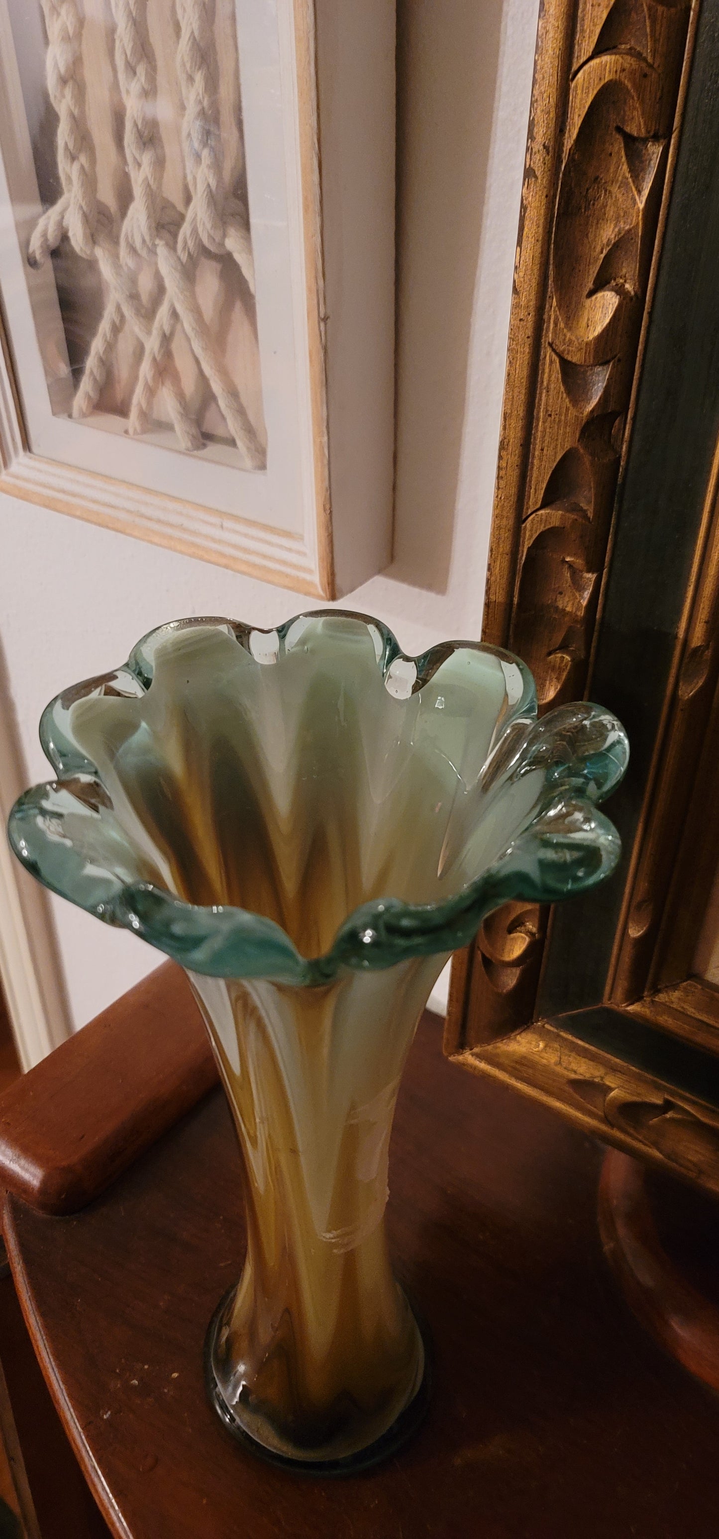 Vintage Swung glass Vase green and gold
