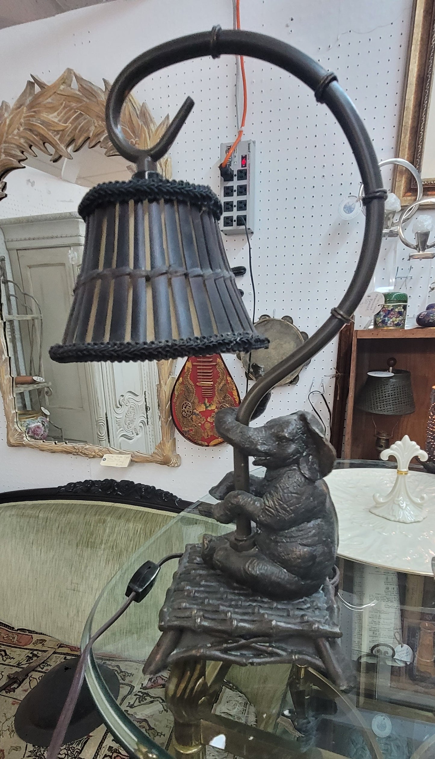 Vintage elephant lamp with rattan lamp shade Hollywood Regency 16 inch working