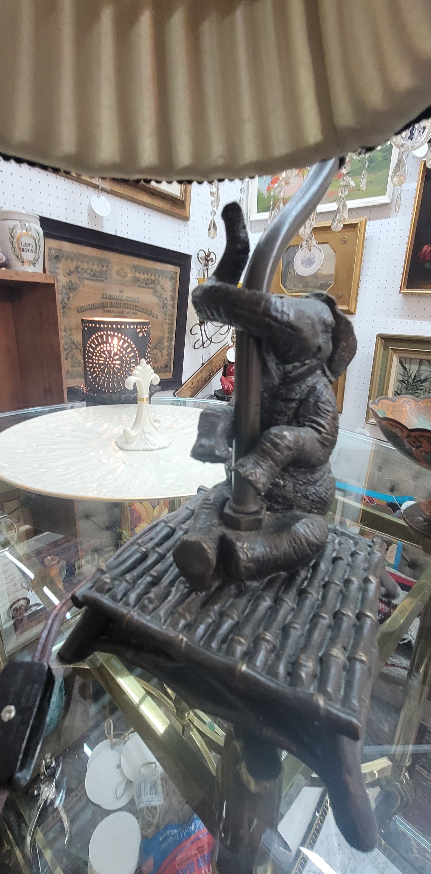 Vintage elephant lamp with rattan lamp shade Hollywood Regency 16 inch working