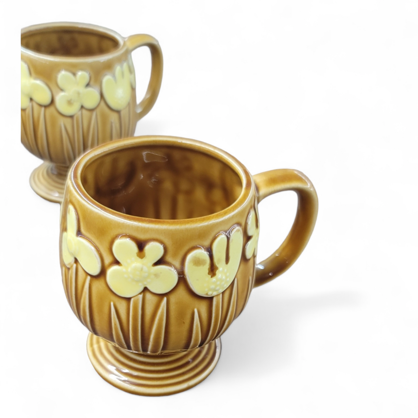 Vintage hand painted in Japan retro yellow and brown Daisy and tulip mugs coffee cups and cream set
