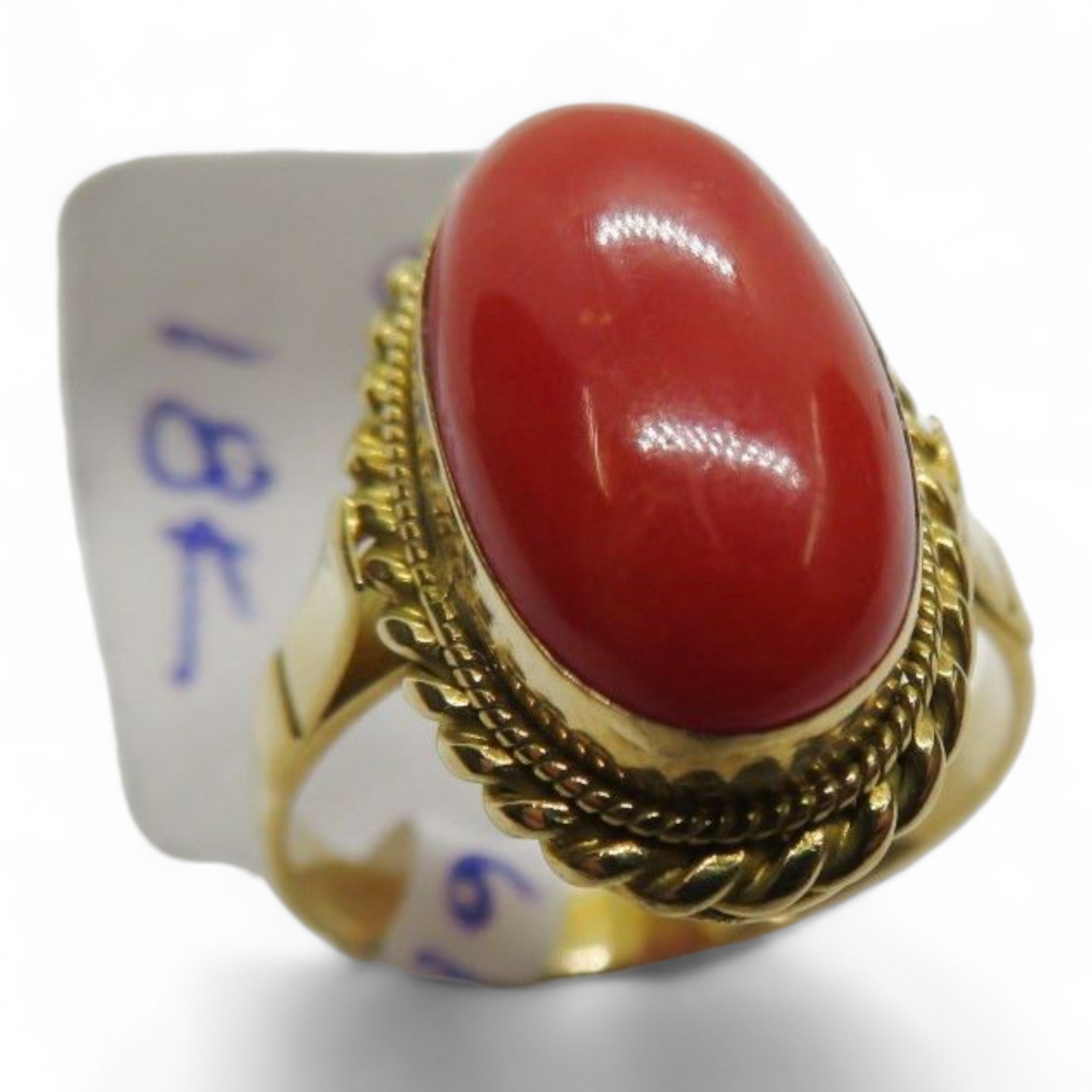 18K YG Coral Ring w/One Oval Cabochon Cut Coral In Salmon Color and Bezel 5.2g
