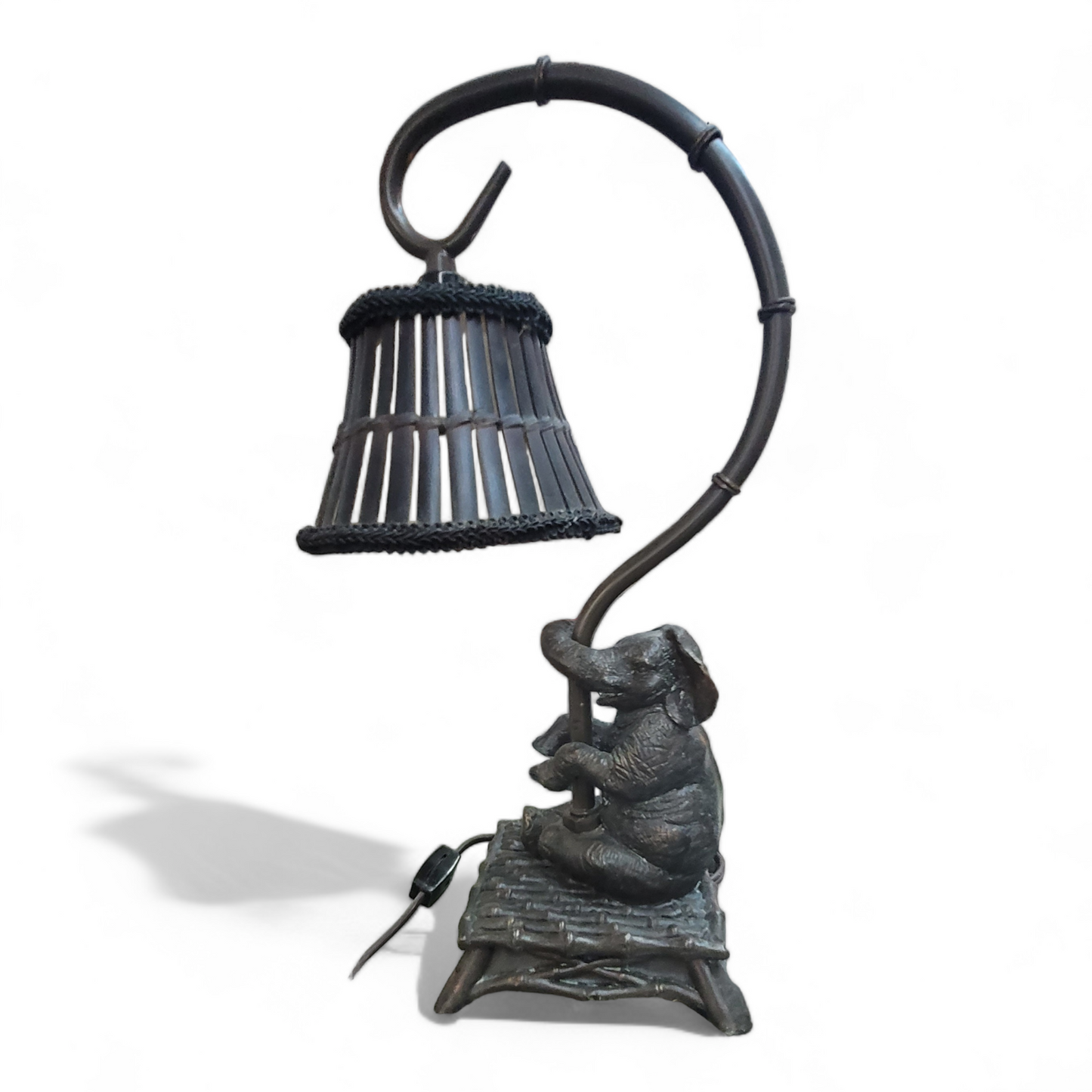 Vintage elephant lamp with rattan lamp shade Hollywood Regency 16 inch working