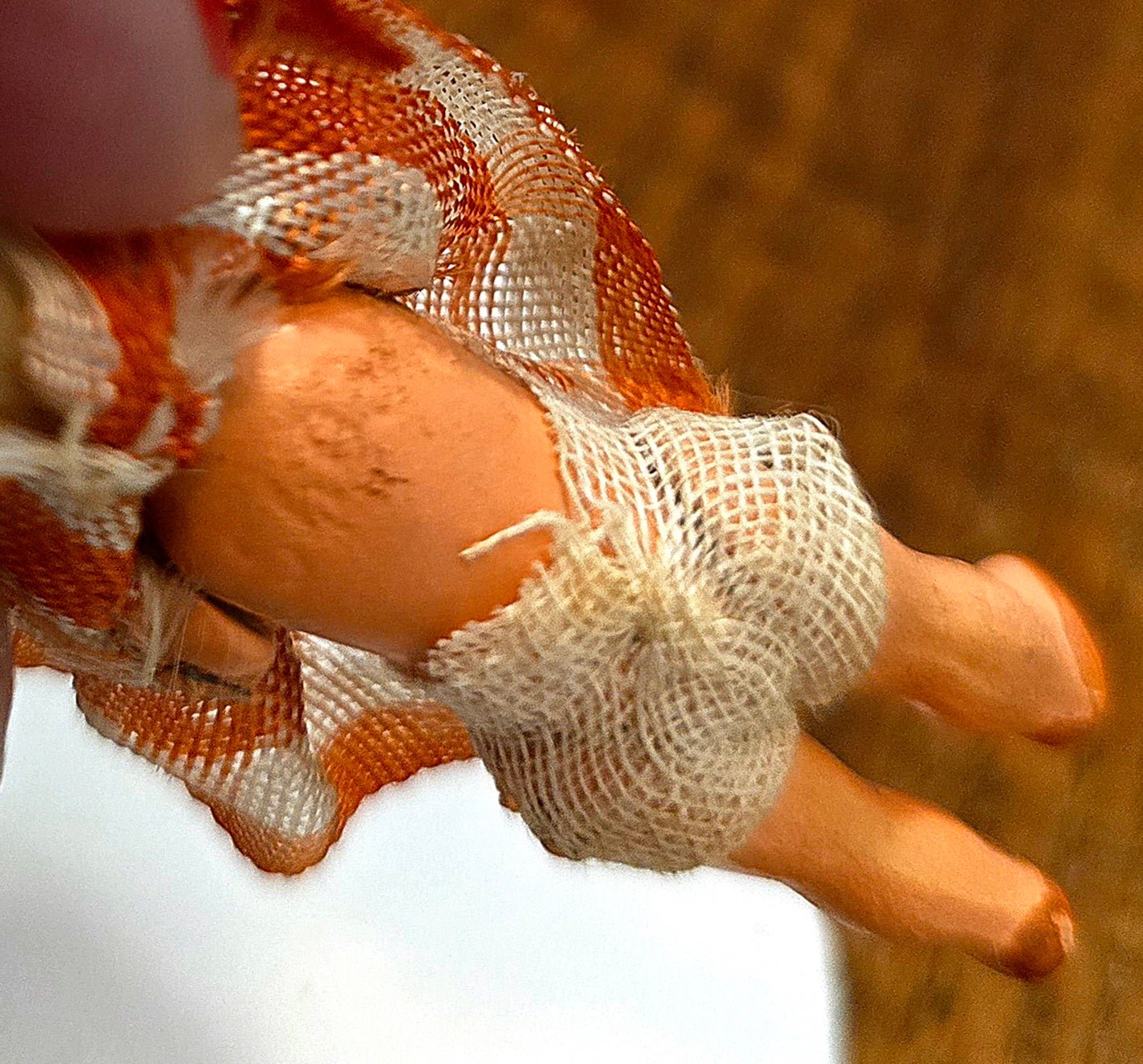 Antique 2.5" Miniature Jointed Doll – Hand Painted Metal/Hard Plastic – Original Dress & Hat w/ Berry - Bayshore Treasures