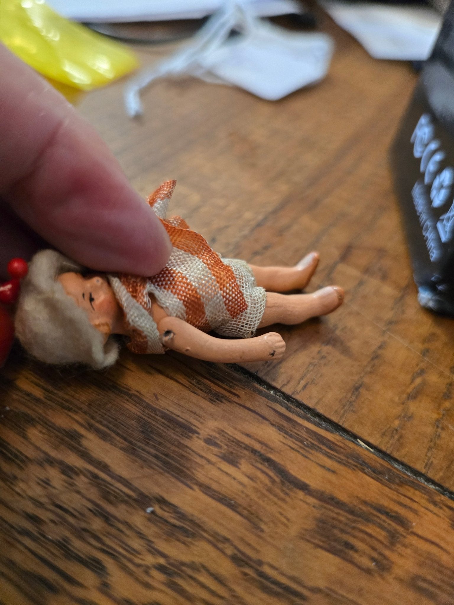 Antique 2.5" Miniature Jointed Doll – Hand Painted Metal/Hard Plastic – Original Dress & Hat w/ Berry - Bayshore Treasures