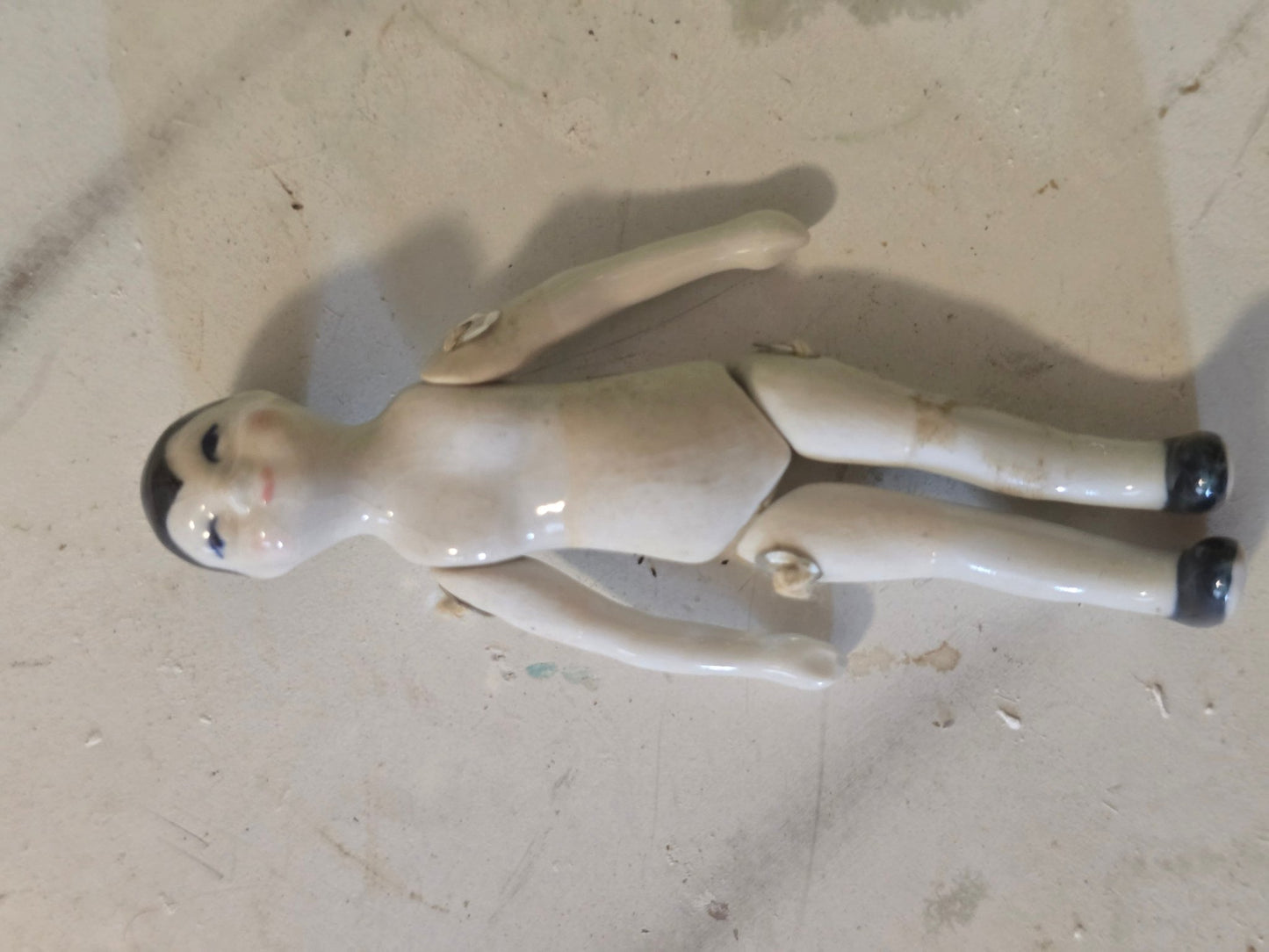 Antique 3" Jointed Porcelain Doll – Black Hair, Blue Eyes, Black Shoes – Miniature Dollhouse Doll - Bayshore Treasures