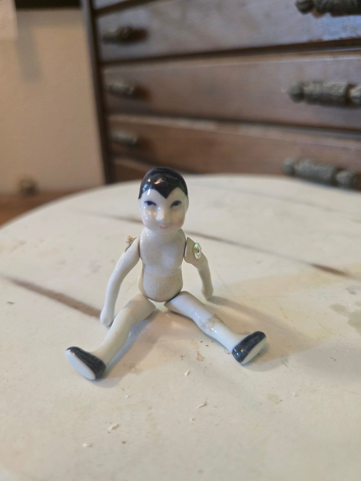 Antique 3" Jointed Porcelain Doll – Black Hair, Blue Eyes, Black Shoes – Miniature Dollhouse Doll - Bayshore Treasures