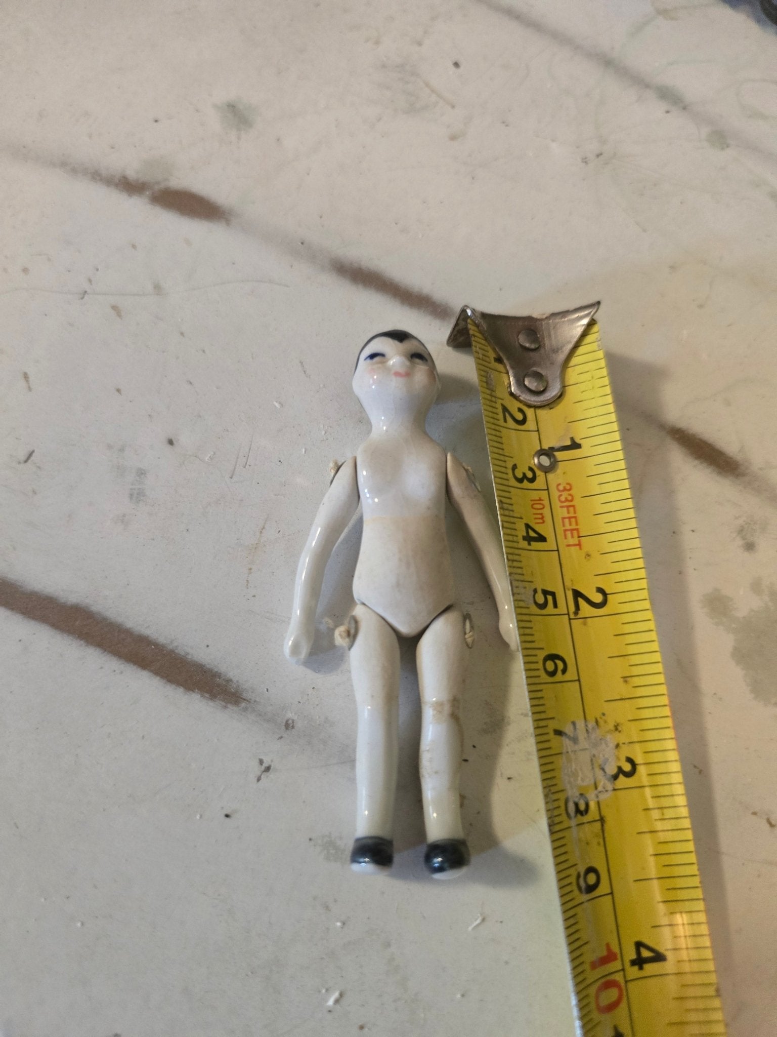 Antique 3" Jointed Porcelain Doll – Black Hair, Blue Eyes, Black Shoes – Miniature Dollhouse Doll - Bayshore Treasures