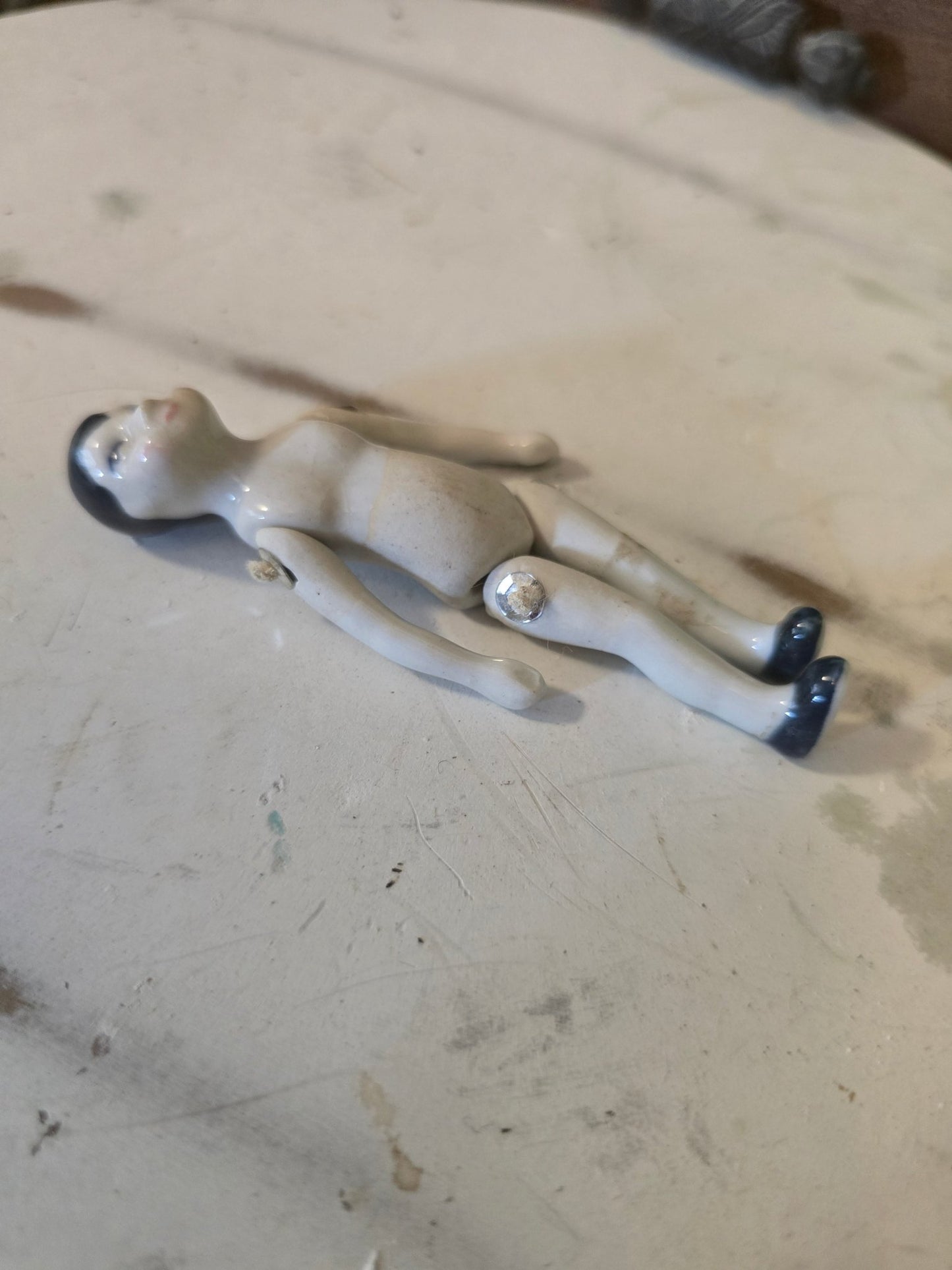 Antique 3" Jointed Porcelain Doll – Black Hair, Blue Eyes, Black Shoes – Miniature Dollhouse Doll - Bayshore Treasures