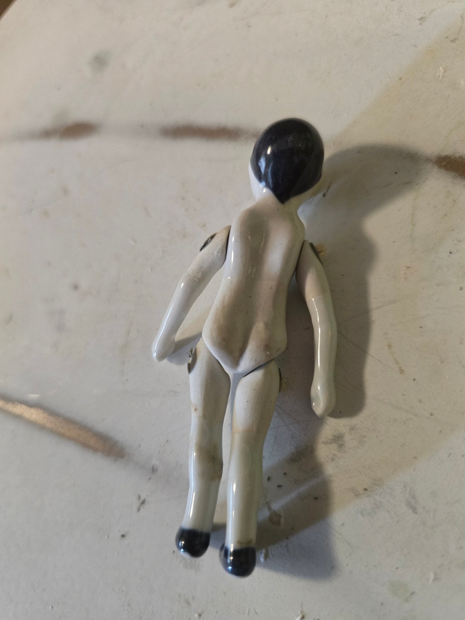 Antique 3" Jointed Porcelain Doll – Black Hair, Blue Eyes, Black Shoes – Miniature Dollhouse Doll - Bayshore Treasures