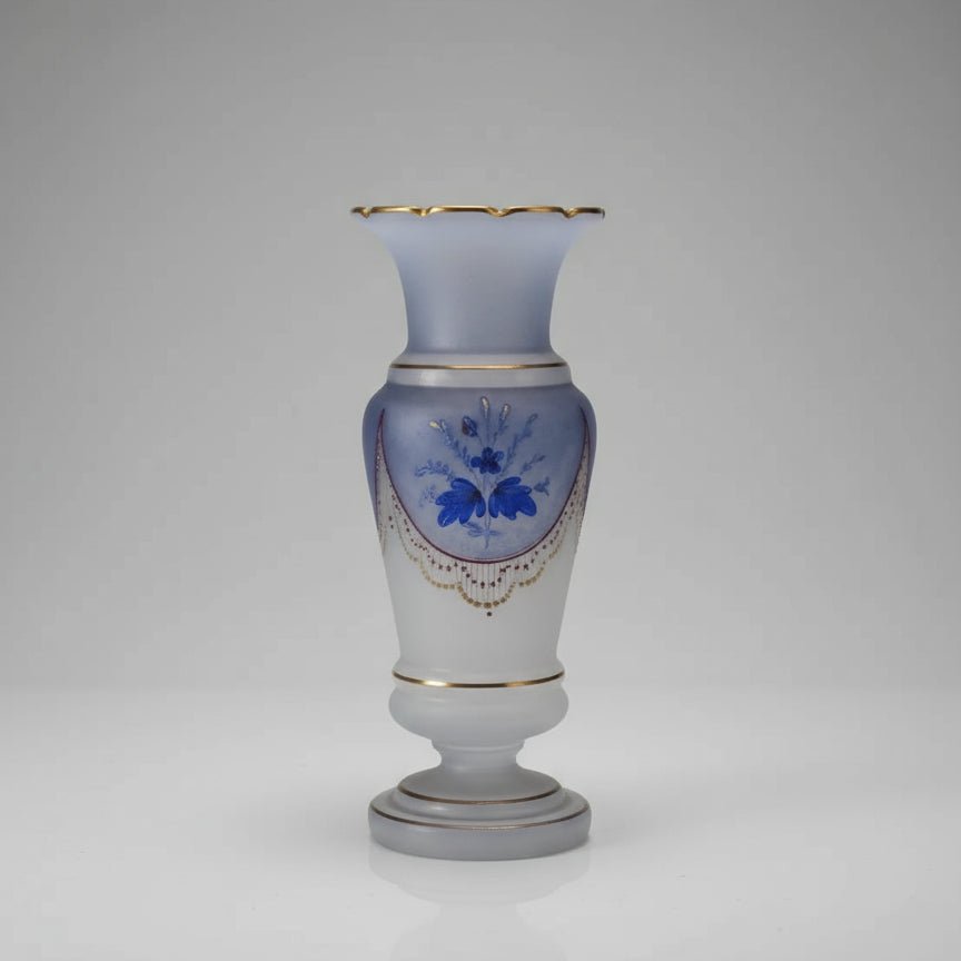 Antique Blue Floral OPALINE Decorated Bristol Vase 8 in Gold Trim - Bayshore Treasures