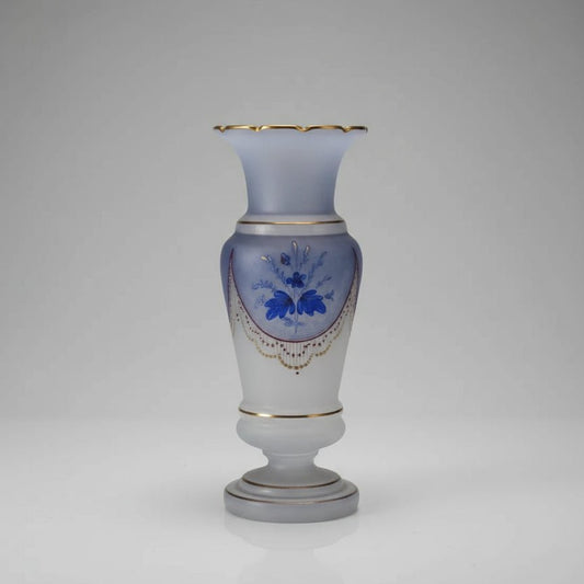 Antique Blue Floral OPALINE Decorated Bristol Vase 8 in Gold Trim - Bayshore Treasures