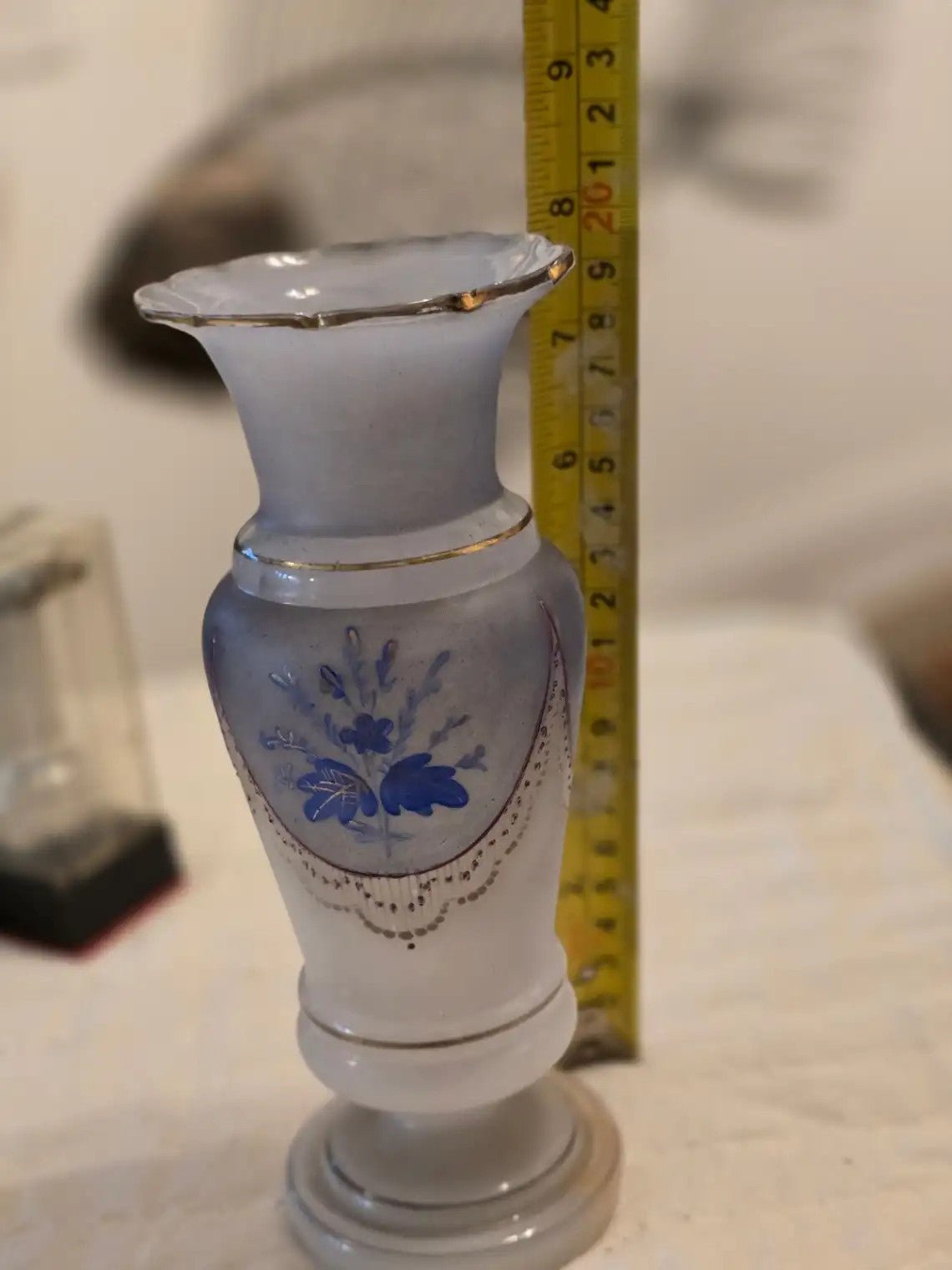 Antique Blue Floral OPALINE Decorated Bristol Vase 8 in Gold Trim - Bayshore Treasures