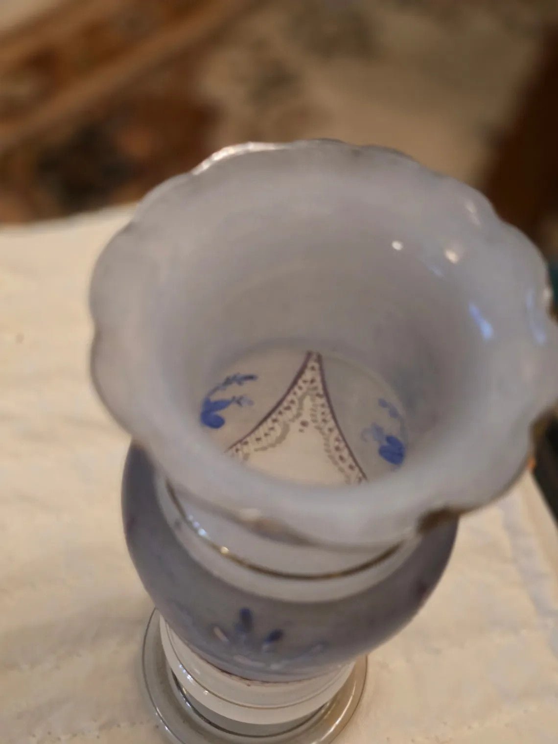 Antique Blue Floral OPALINE Decorated Bristol Vase 8 in Gold Trim - Bayshore Treasures