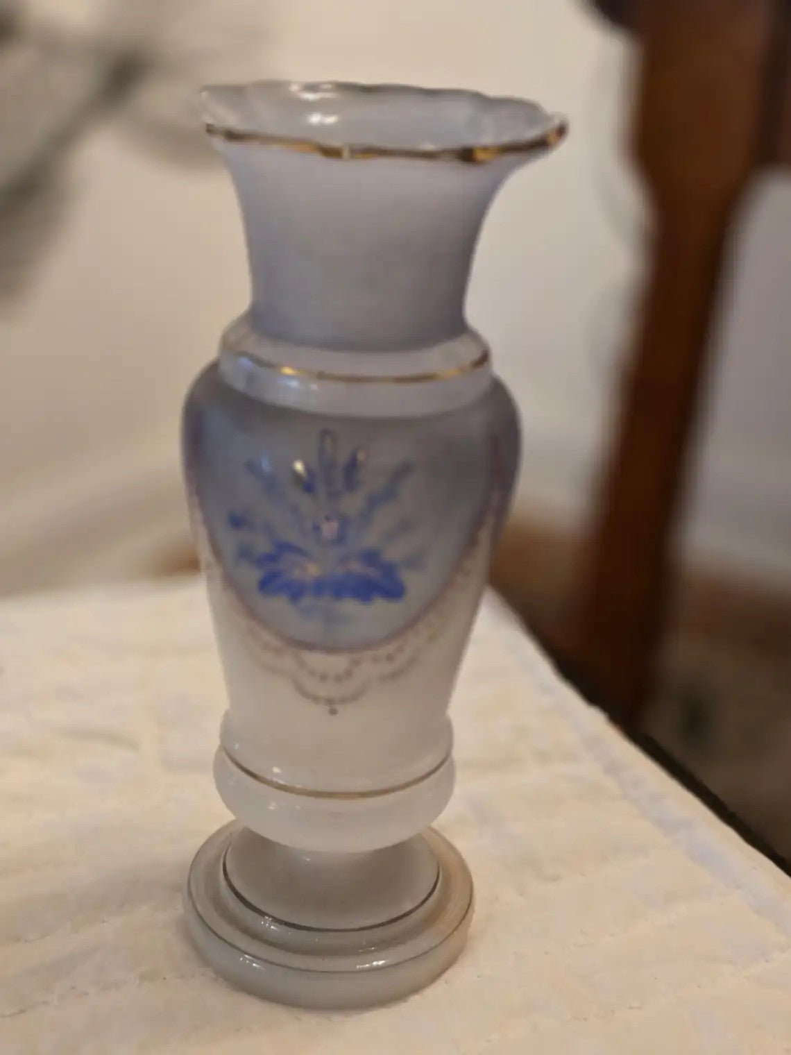 Antique Blue Floral OPALINE Decorated Bristol Vase 8 in Gold Trim - Bayshore Treasures