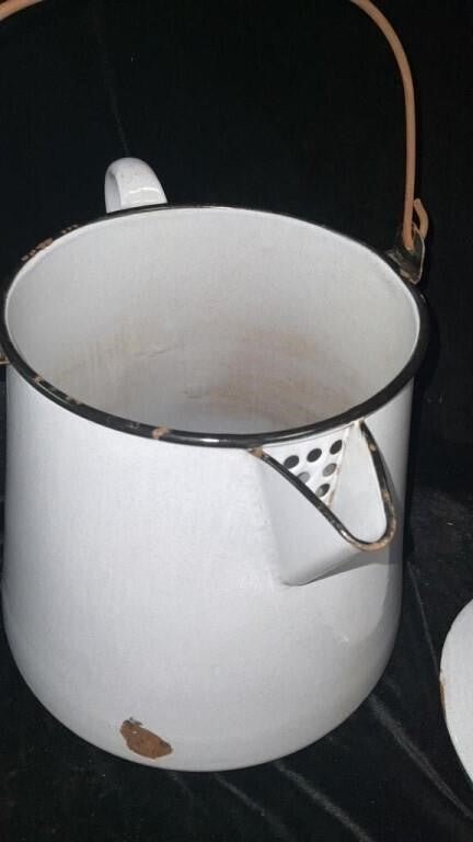 Antique enamel cowboy coffee pot White - Bayshore Treasures