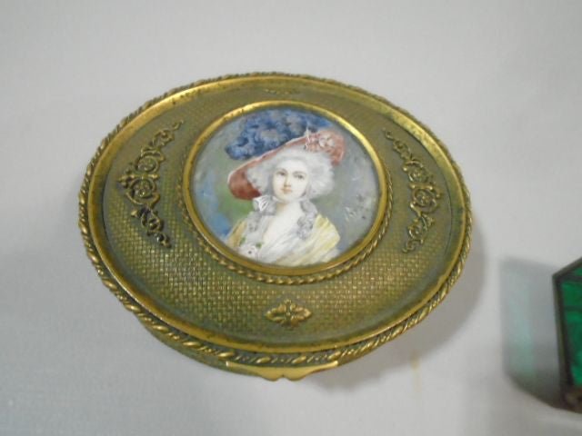 Antique French Bronze Portrait Trinket Jewelry Box 5” Hand - Painted - Bayshore Treasures