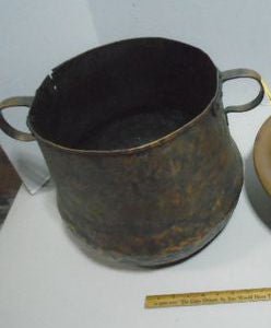 Antique Hand - Hammered Copper Pot 12” Two Handles Rustic Primitive Kitchen - Bayshore Treasures