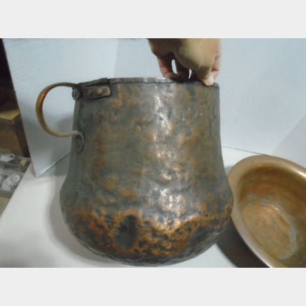 Antique Hand - Hammered Copper Pot 12” Two Handles Rustic Primitive Kitchen - Bayshore Treasures