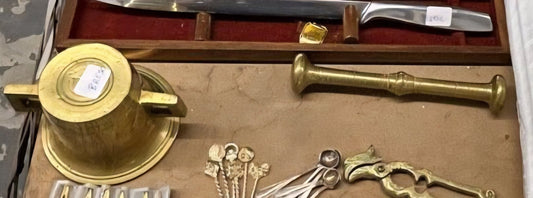 Antique Heavy Brass Apothecary Mortar & Pestle Double Handle Vintage Pre - owned - Bayshore Treasures