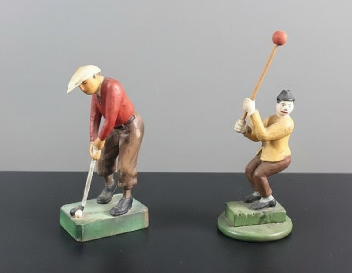 Antique Primitive Hand Carved Folk Art Figurines – Pair of Golfers – 1920s–30s Vintage - Bayshore Treasures