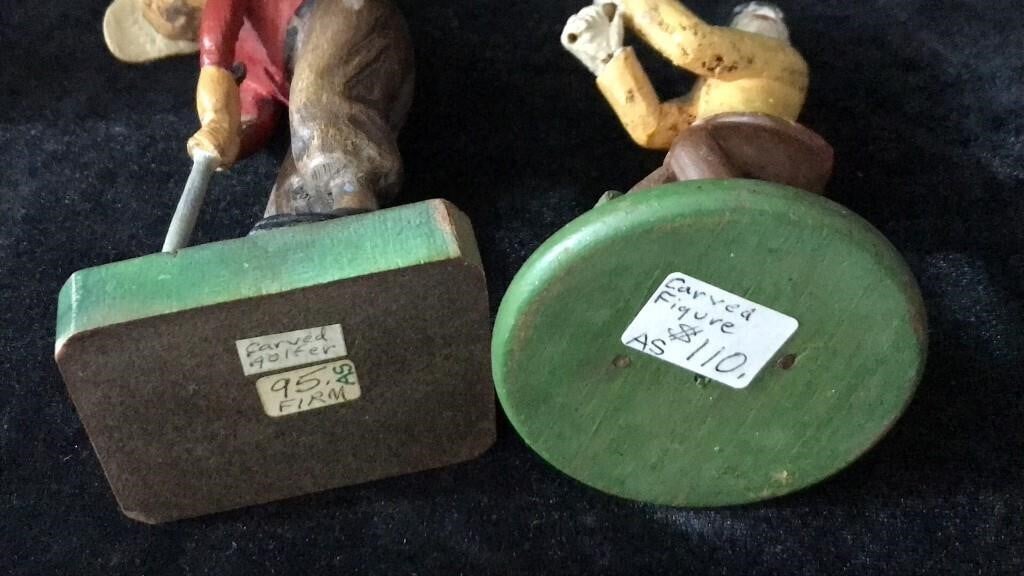 Antique Primitive Hand Carved Folk Art Figurines – Pair of Golfers – 1920s–30s Vintage - Bayshore Treasures