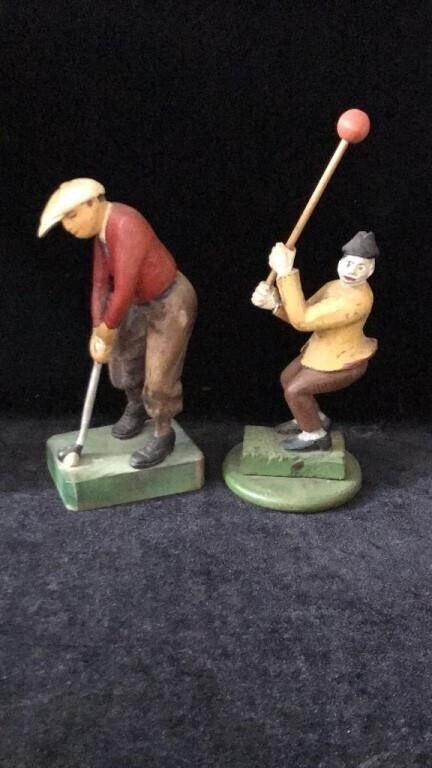 Antique Primitive Hand Carved Folk Art Figurines – Pair of Golfers – 1920s–30s Vintage - Bayshore Treasures