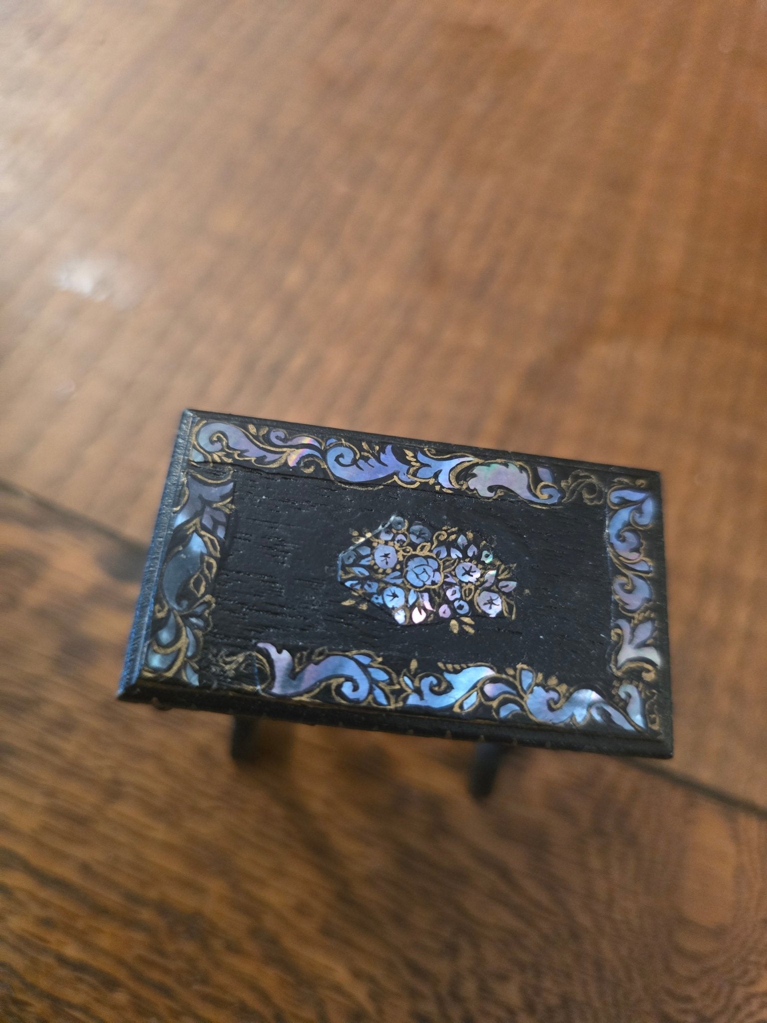 Antique Victorian Dollhouse Table – Spindle Legs, Mother of Pearl Inlay – Black Wood 1:12 Scale - Bayshore Treasures