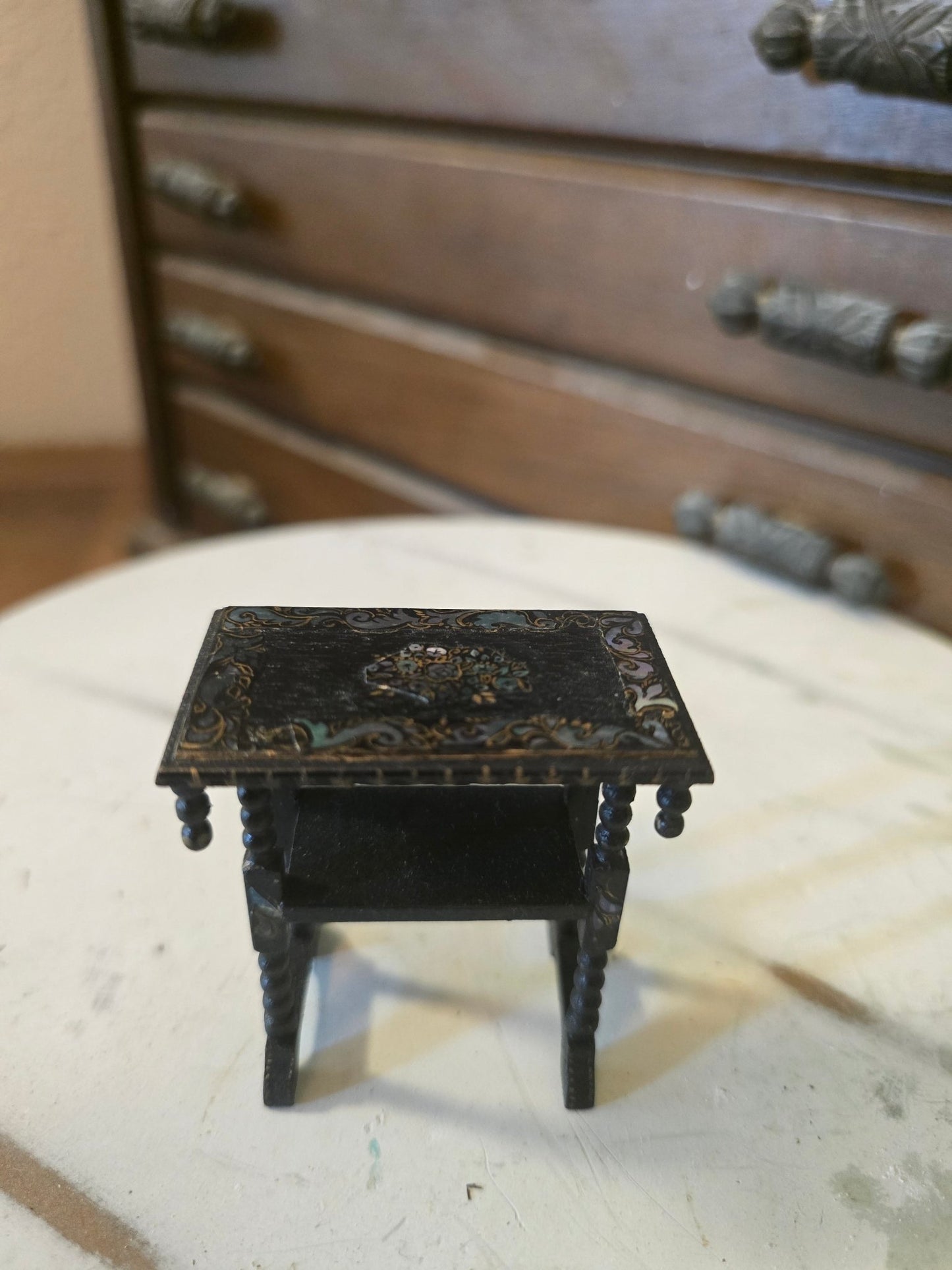 Antique Victorian Dollhouse Table – Spindle Legs, Mother of Pearl Inlay – Black Wood 1:12 Scale - Bayshore Treasures