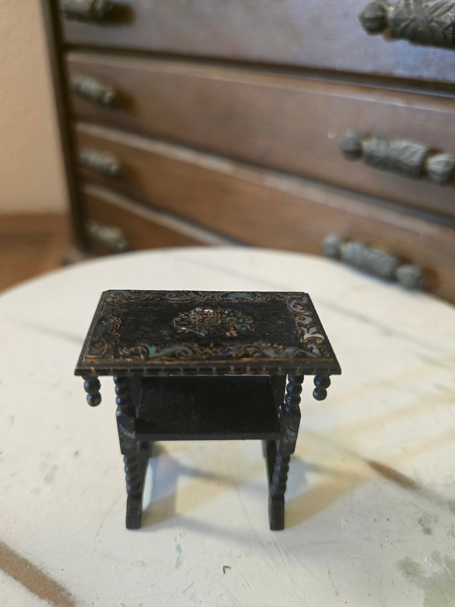 Antique Victorian Dollhouse Table – Spindle Legs, Mother of Pearl Inlay – Black Wood 1:12 Scale - Bayshore Treasures