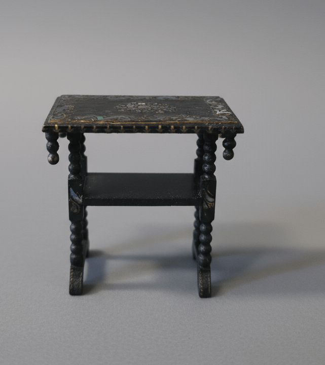 Antique Victorian Dollhouse Table – Spindle Legs, Mother of Pearl Inlay – Black Wood 1:12 Scale - Bayshore Treasures