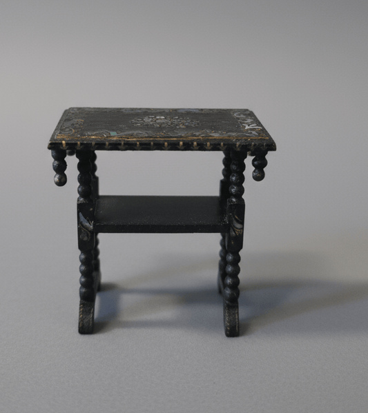 Antique Victorian Dollhouse Table – Spindle Legs, Mother of Pearl Inlay – Black Wood 1:12 Scale - Bayshore Treasures