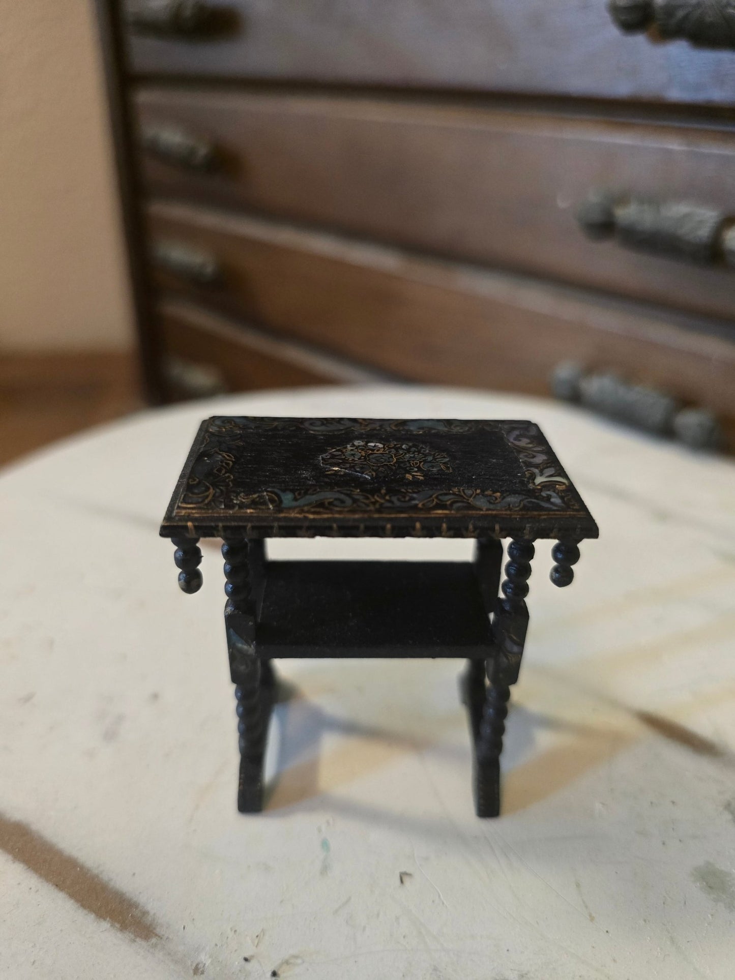 Antique Victorian Dollhouse Table – Spindle Legs, Mother of Pearl Inlay – Black Wood 1:12 Scale - Bayshore Treasures
