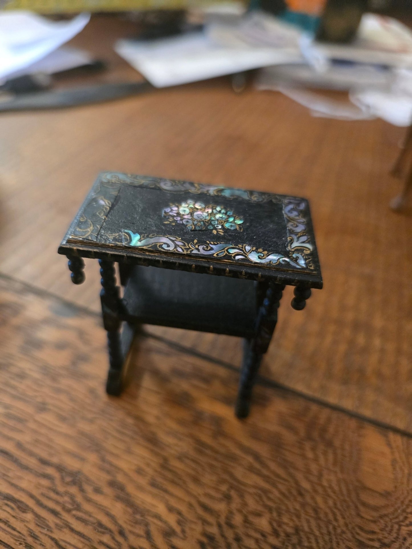 Antique Victorian Dollhouse Table – Spindle Legs, Mother of Pearl Inlay – Black Wood 1:12 Scale - Bayshore Treasures