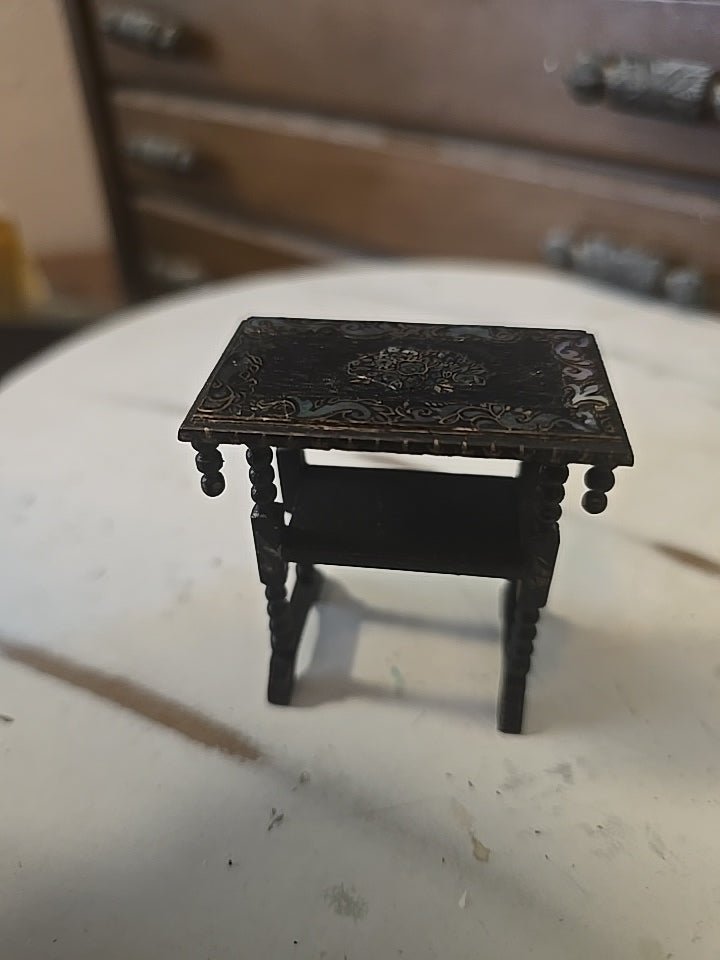Antique Victorian Dollhouse Table – Spindle Legs, Mother of Pearl Inlay – Black Wood 1:12 Scale - Bayshore Treasures