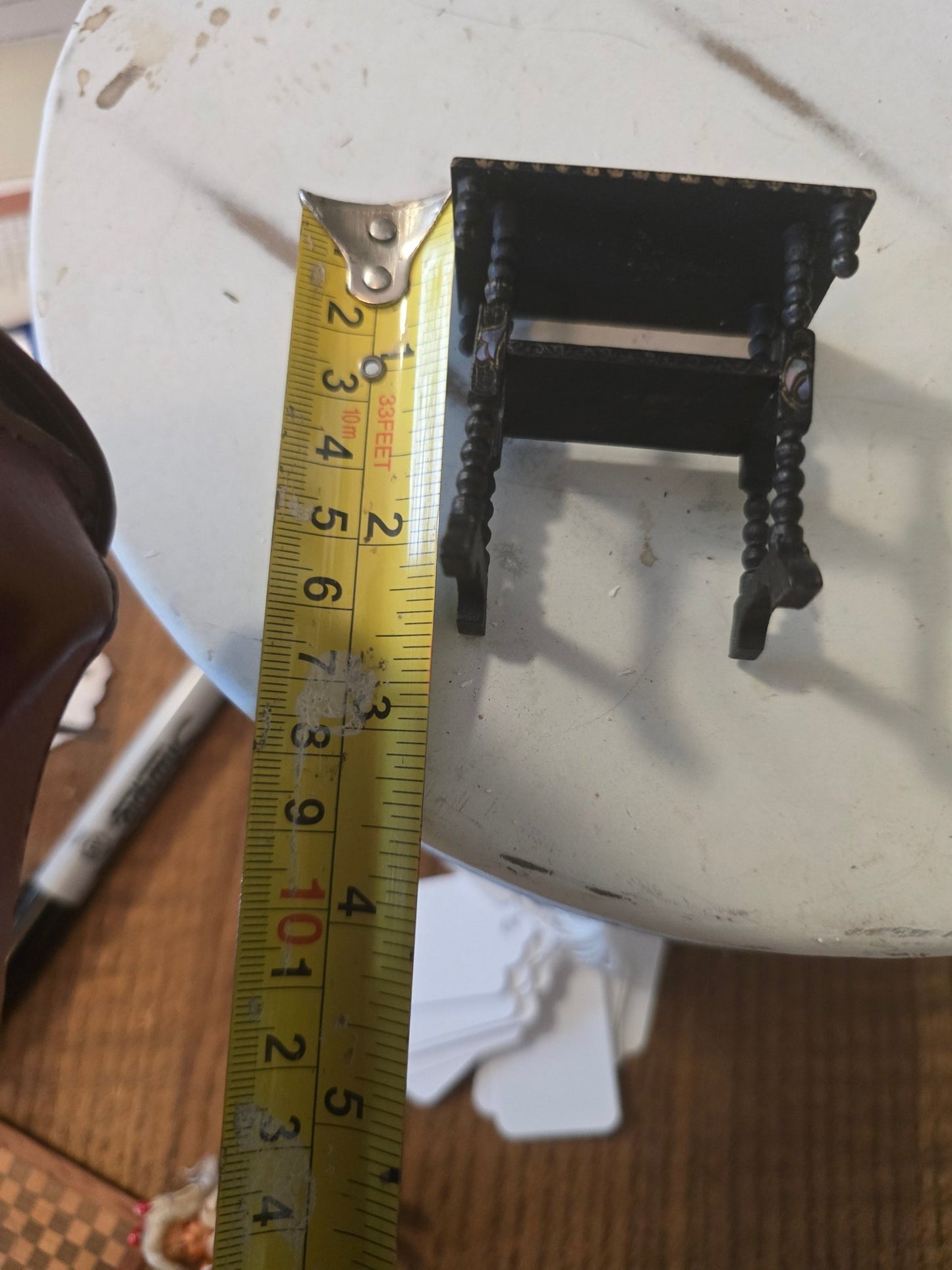 Antique Victorian Dollhouse Table – Spindle Legs, Mother of Pearl Inlay – Black Wood 1:12 Scale - Bayshore Treasures