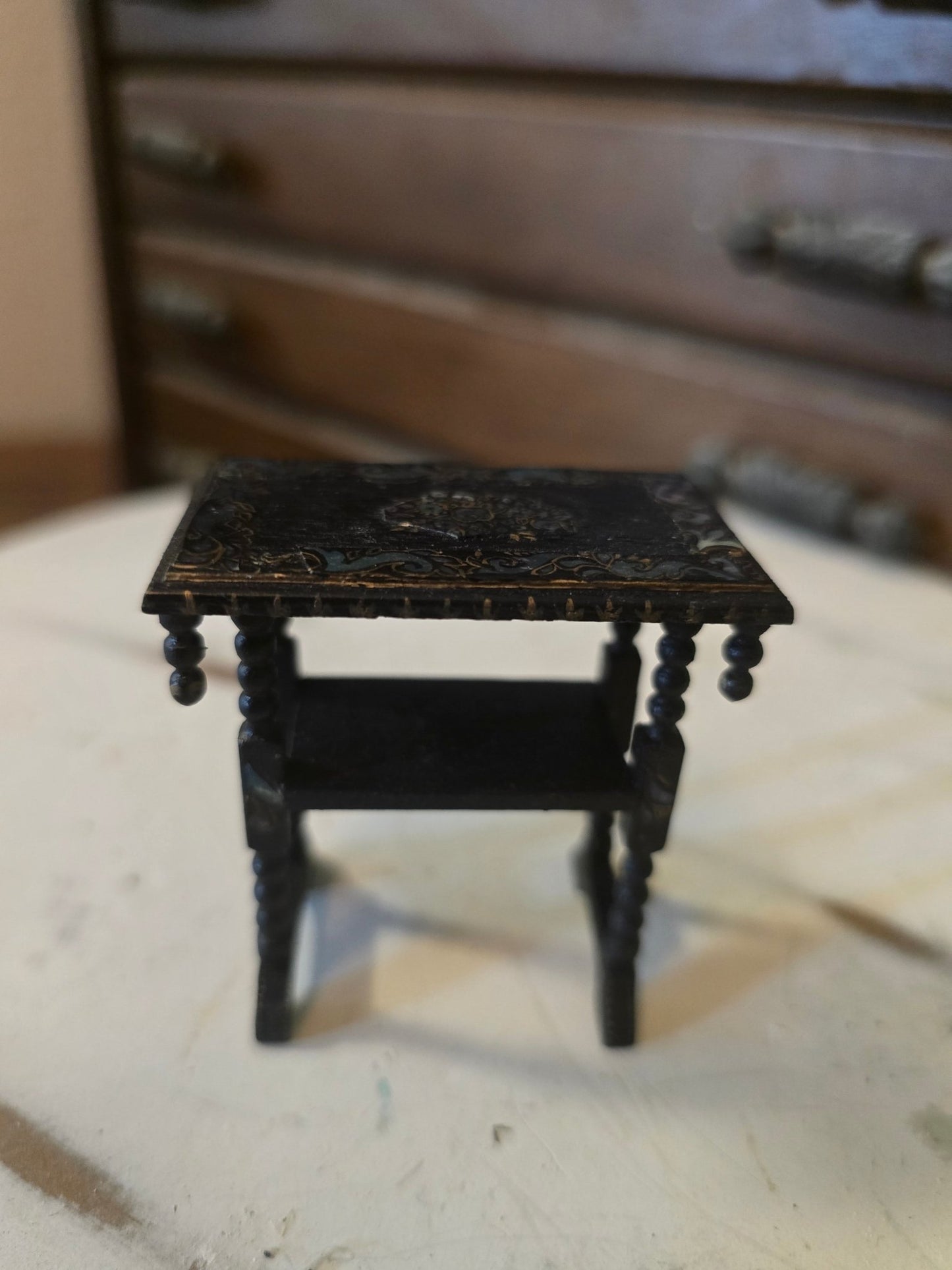 Antique Victorian Dollhouse Table – Spindle Legs, Mother of Pearl Inlay – Black Wood 1:12 Scale - Bayshore Treasures