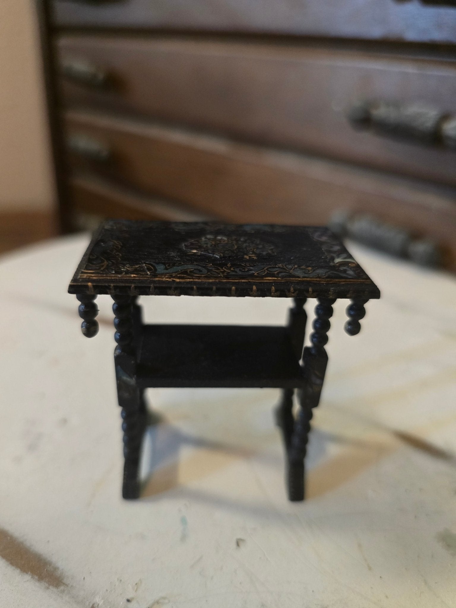 Antique Victorian Dollhouse Table – Spindle Legs, Mother of Pearl Inlay – Black Wood 1:12 Scale - Bayshore Treasures