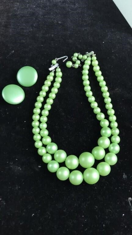 Bakelite? light lime green beaded necklace with earrings - Bayshore Treasures