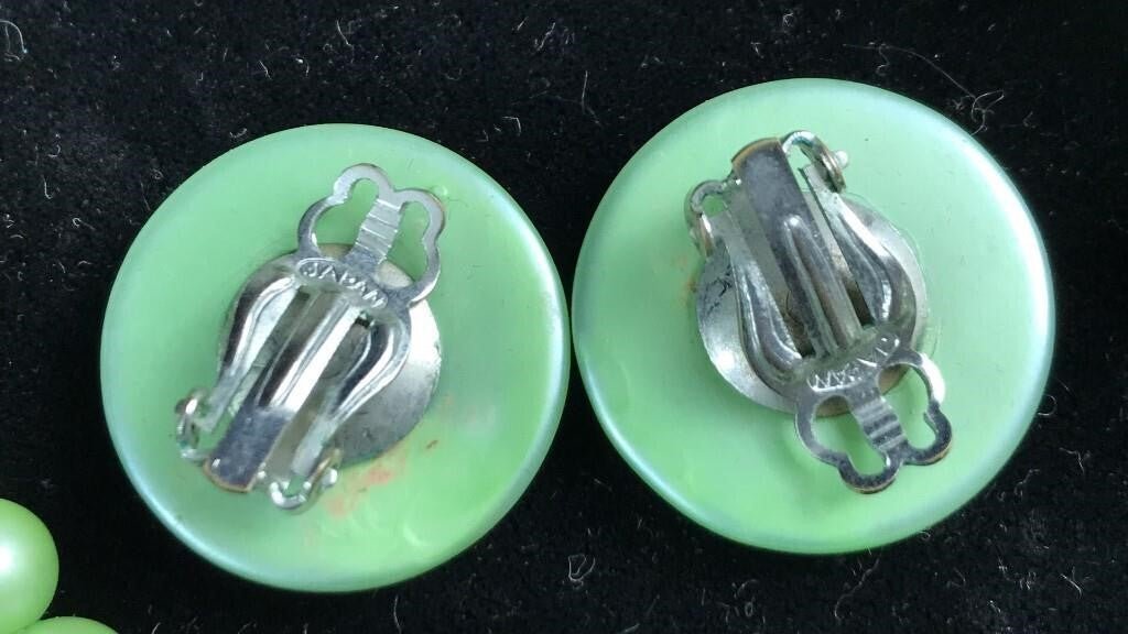 Bakelite? light lime green beaded necklace with earrings - Bayshore Treasures