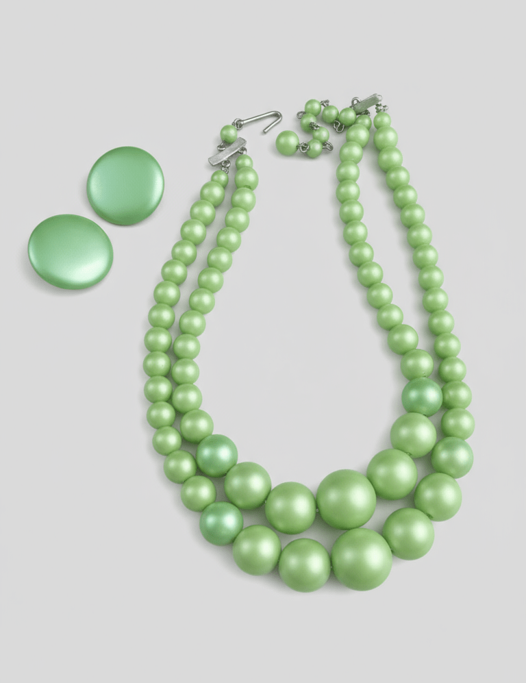 Bakelite? light lime green beaded necklace with earrings - Bayshore Treasures