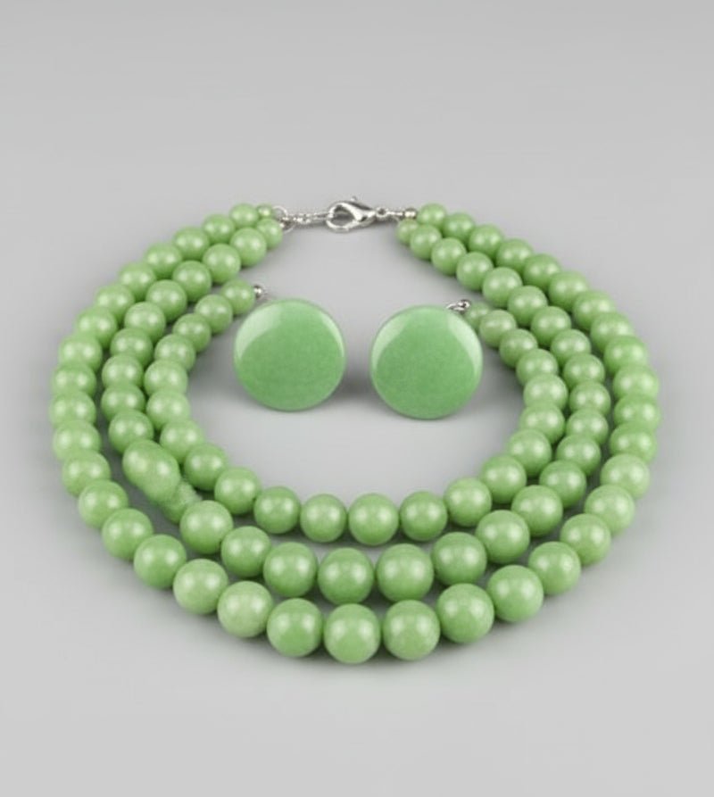 Bakelite? light lime green beaded necklace with earrings - Bayshore Treasures
