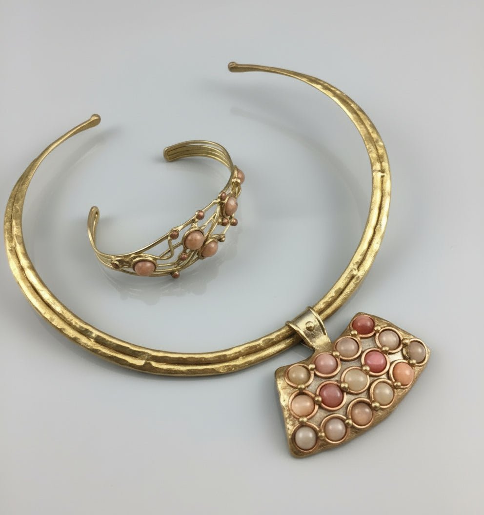 Brutalist brass choker necklace with bracelet and cabochons vintage - Bayshore Treasures