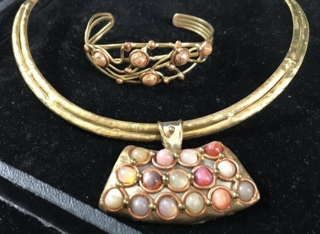 Brutalist brass choker necklace with bracelet and cabochons vintage - Bayshore Treasures