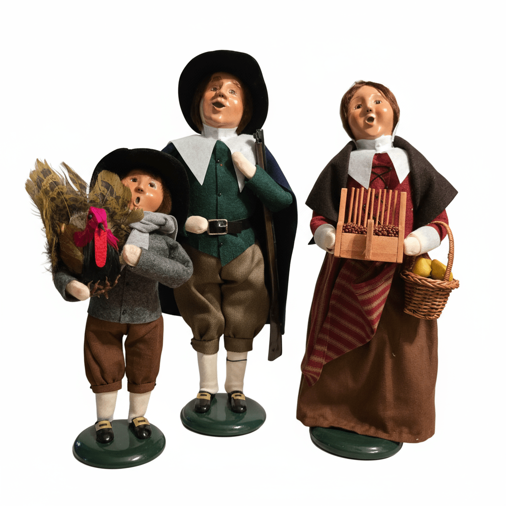 Byers' Choice Pilgrim Family Trio – Man, Woman & Boy w/ Turkey – Thanksgiving Set - Bayshore Treasures