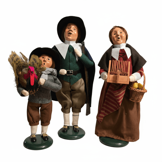 Byers' Choice Pilgrim Family Trio – Man, Woman & Boy w/ Turkey – Thanksgiving Set - Bayshore Treasures